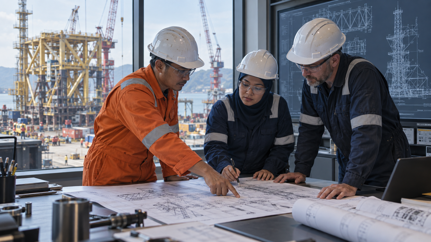 Engineers reviewing offshore structural drawings in a project room