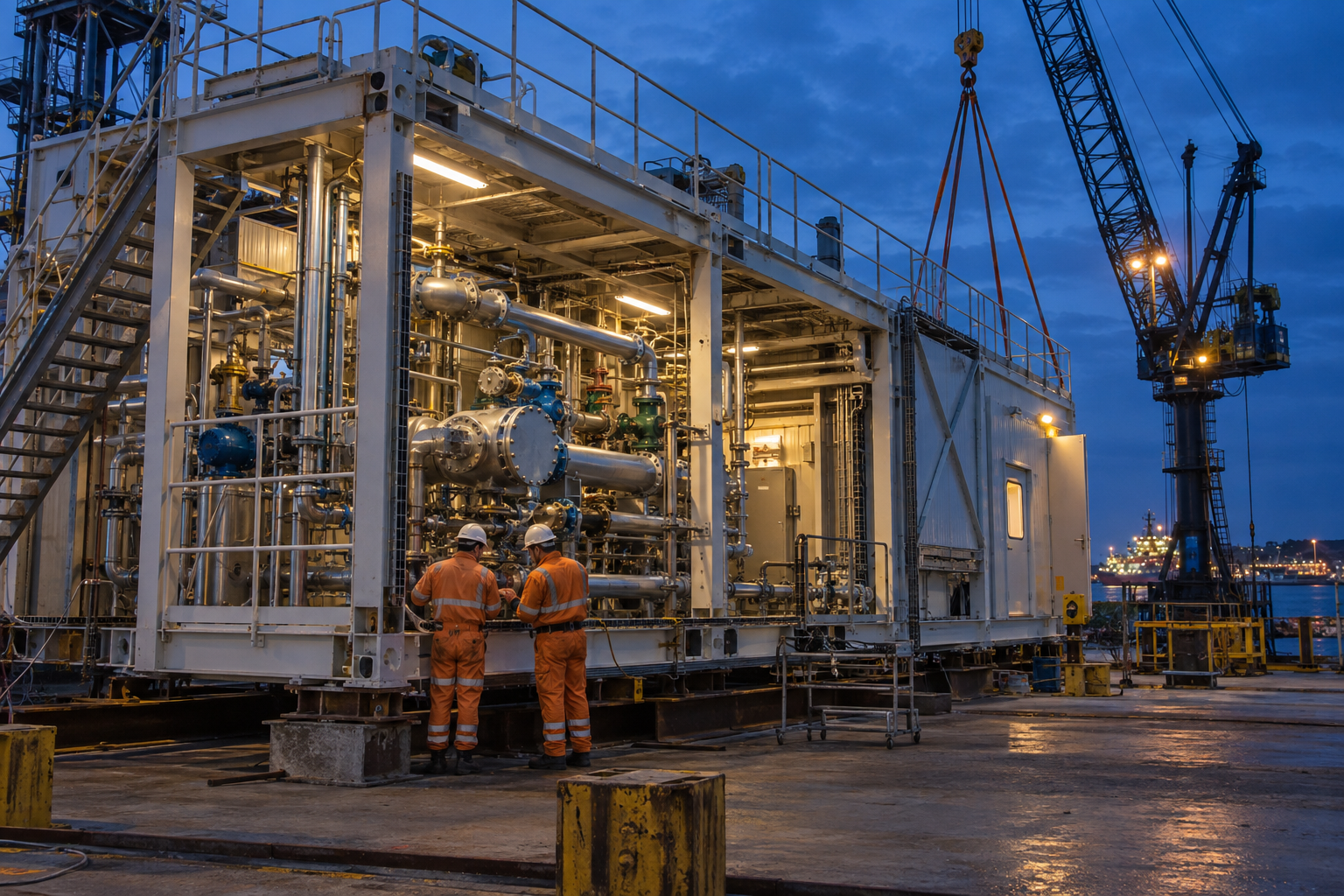 Offshore process module being inspected in a coastal fabrication yard
